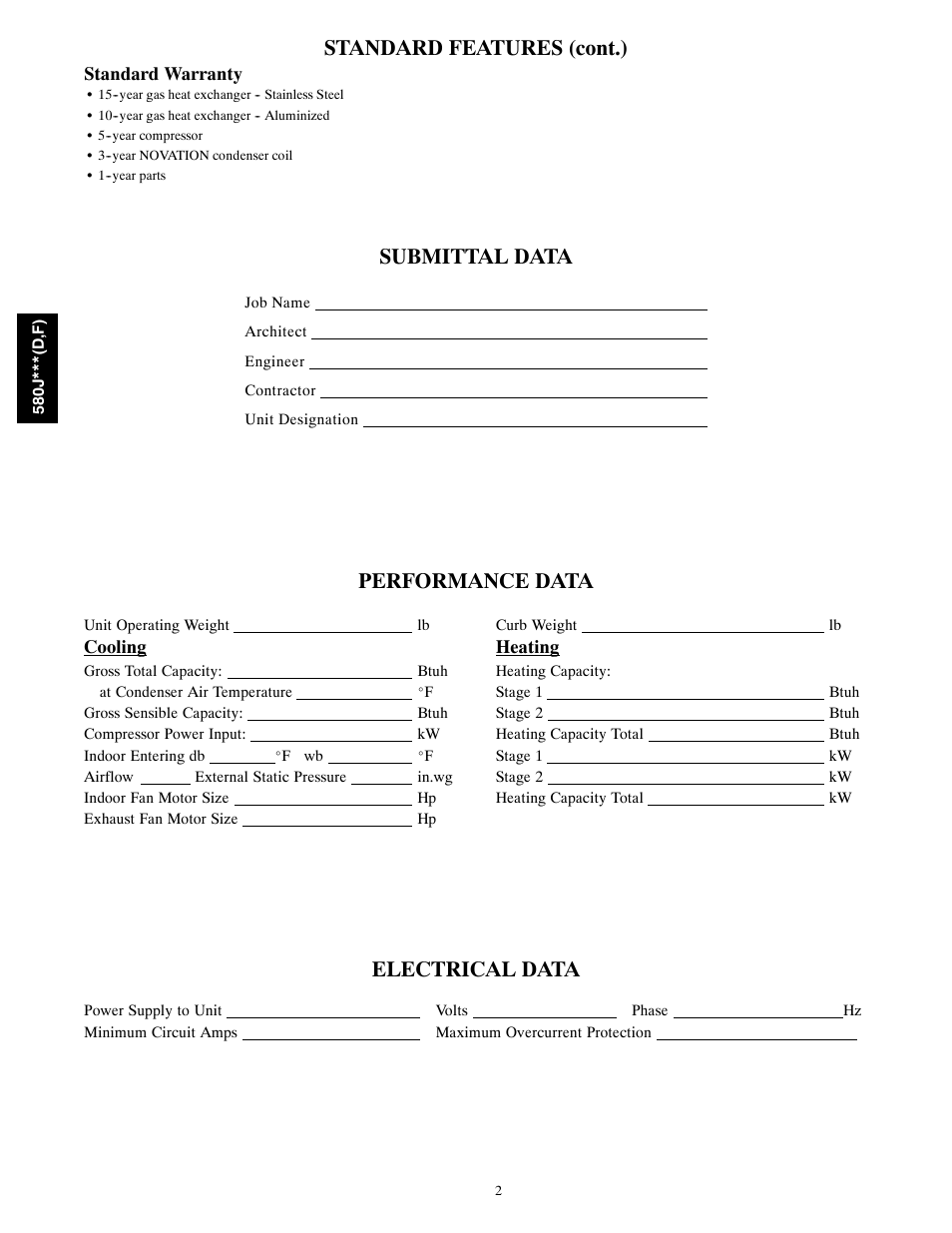 Standard features (cont.), Submittal data, Performance data | Electrical data | Bryant 580J***(D User Manual | Page 2 / 8