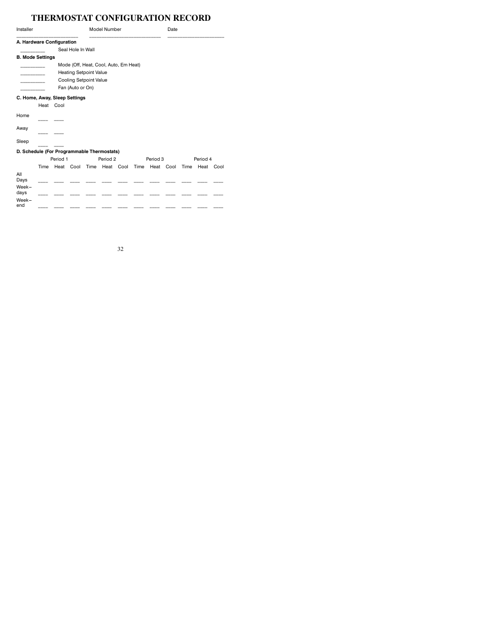 Thermostat configuration record | Bryant T2-PAC User Manual | Page 34 / 40