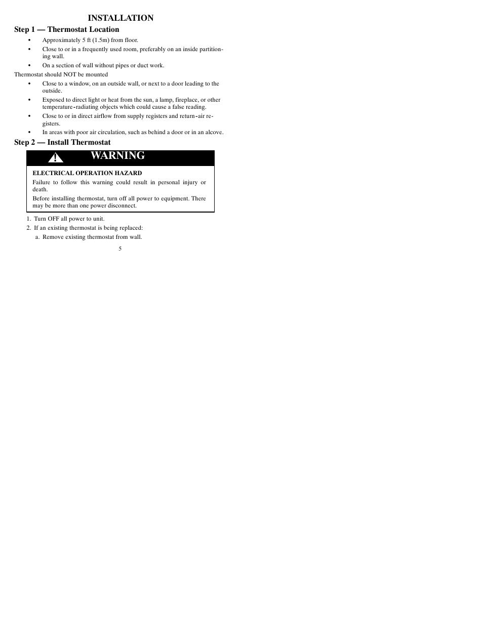 Warning, Installation | Bryant T2-PAC User Manual | Page 7 / 40