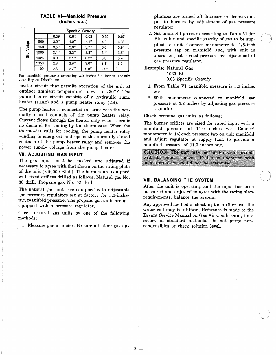 Table vi—manifold pressure (inches w.c.), Vii. adjusting gas input, Viii. balancing the system | Bryant 452W User Manual | Page 10 / 12
