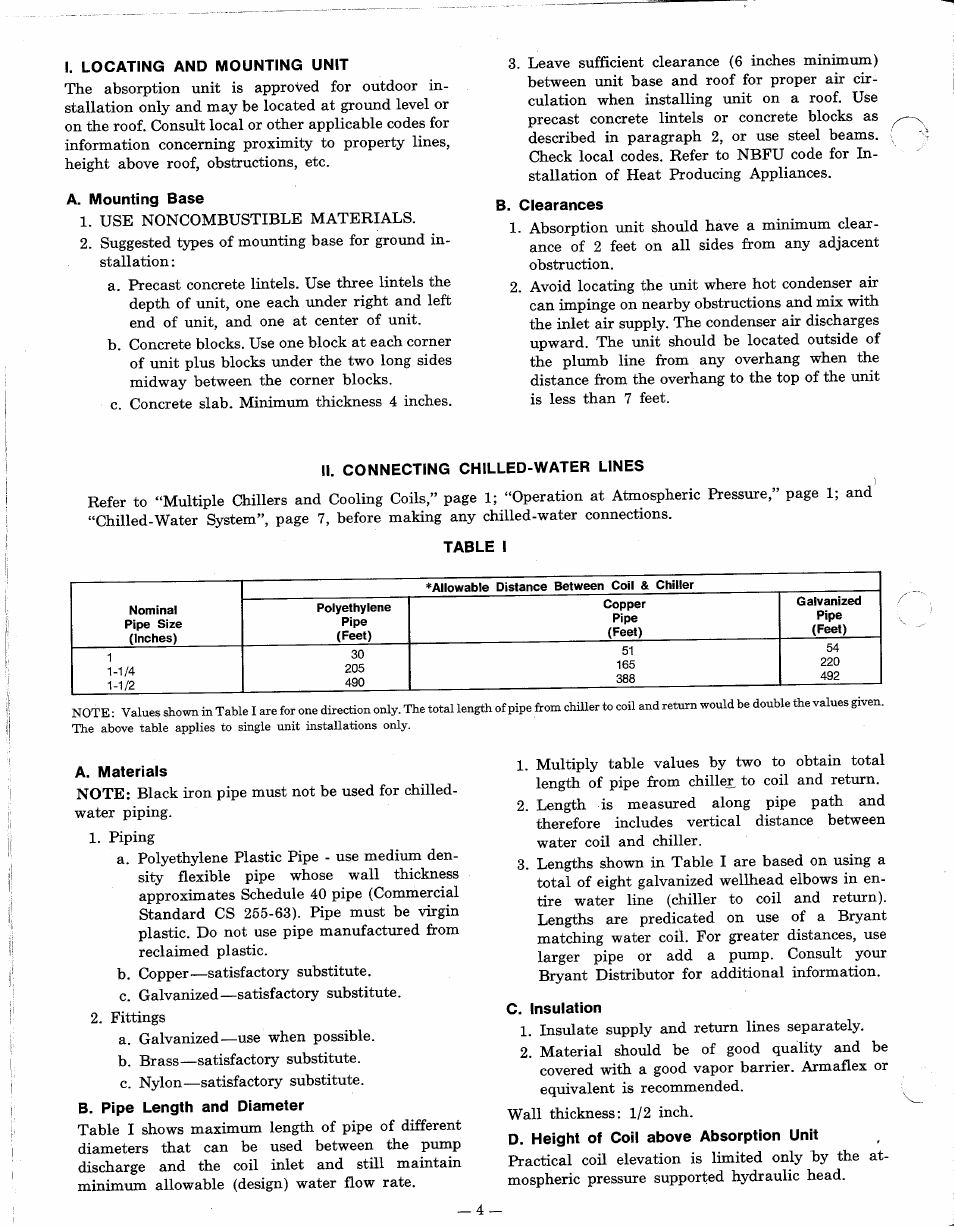 I. locating and mounting unit, A. mounting base, B. clearances | Ii. connecting chilled-water lines, Table i, A. materials, B. pipe length and diameter, C. insulation, D. height of coil above absorption unit | Bryant 452W User Manual | Page 4 / 12