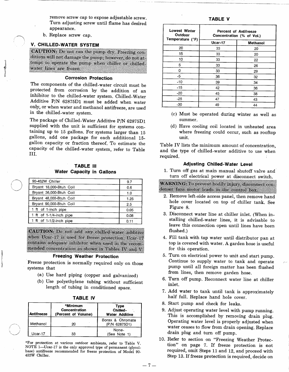 V. chilled-water system, Corrosion protection, Table iii | Water capacity in gallons, Table v, Freezing weather protection, Table iv, Adjusting chilled-water level | Bryant 452W User Manual | Page 7 / 12