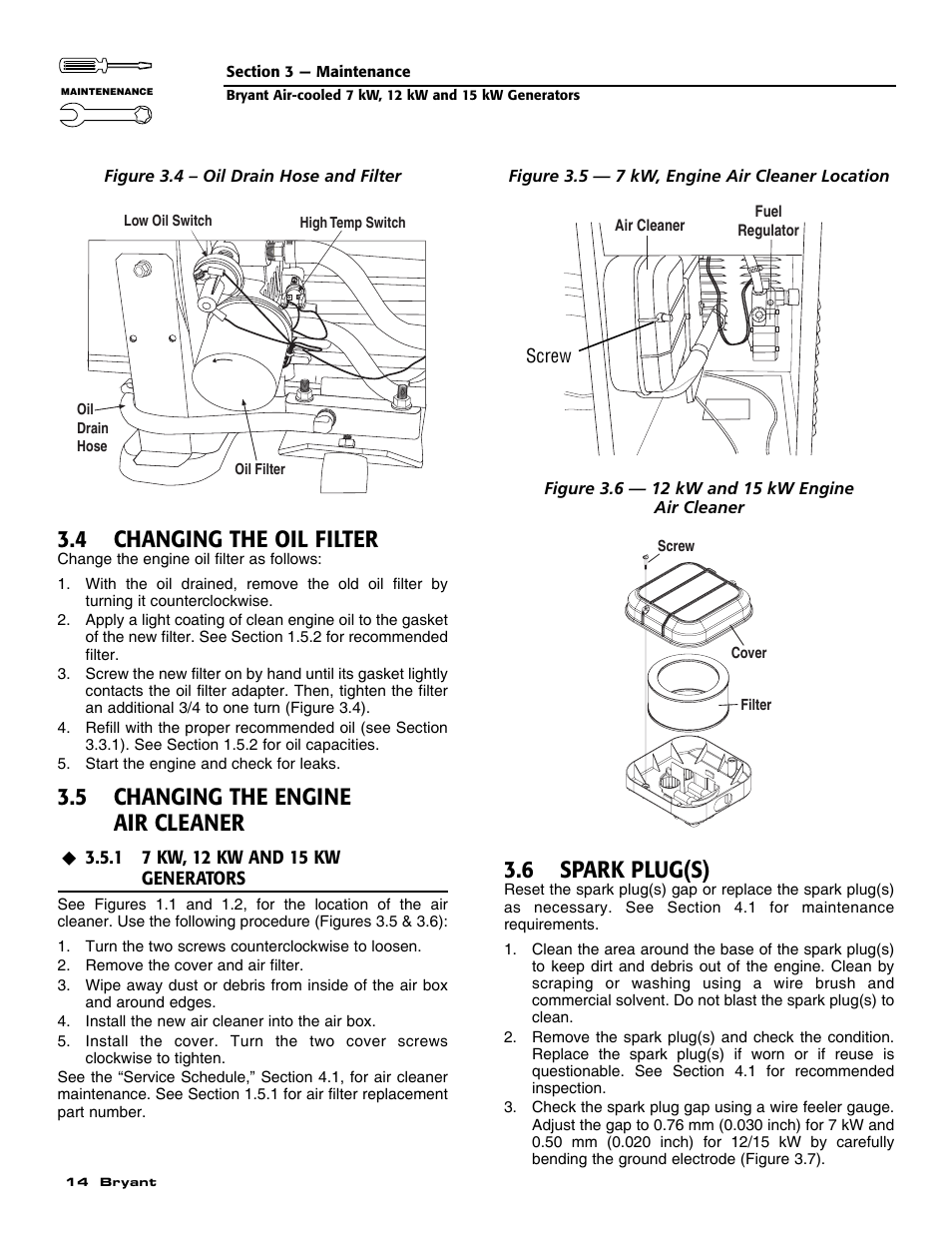4 changing the oil filter, 5 changing the engine air cleaner, 6 spark plug(s) | Bryant ASPAS1BBA012 User Manual | Page 16 / 24