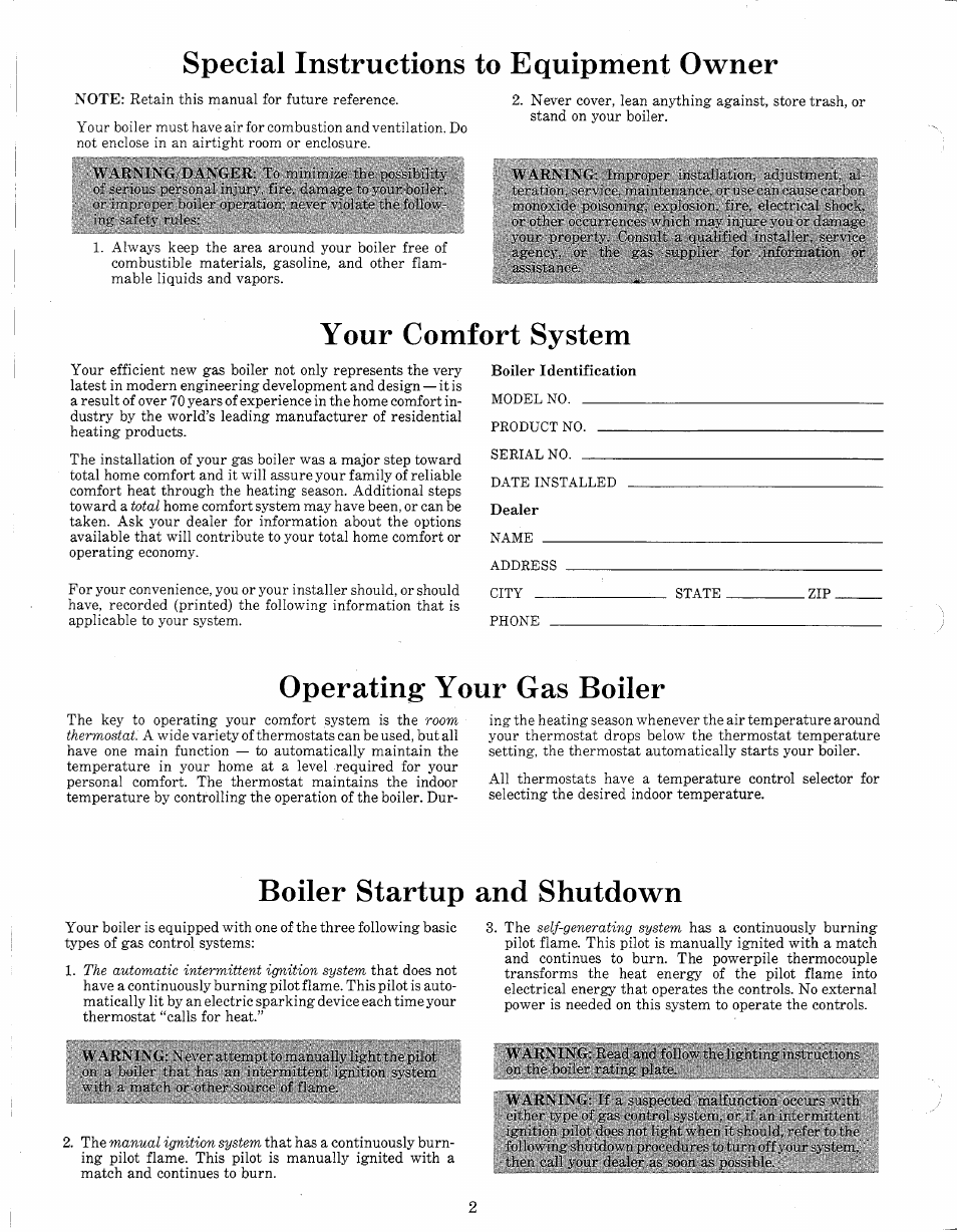 Special instructions to equipment owner, Your comfort system, Operating your gas boiler | Boiler startup and shutdown | Bryant 39006DP4-A User Manual | Page 2 / 6