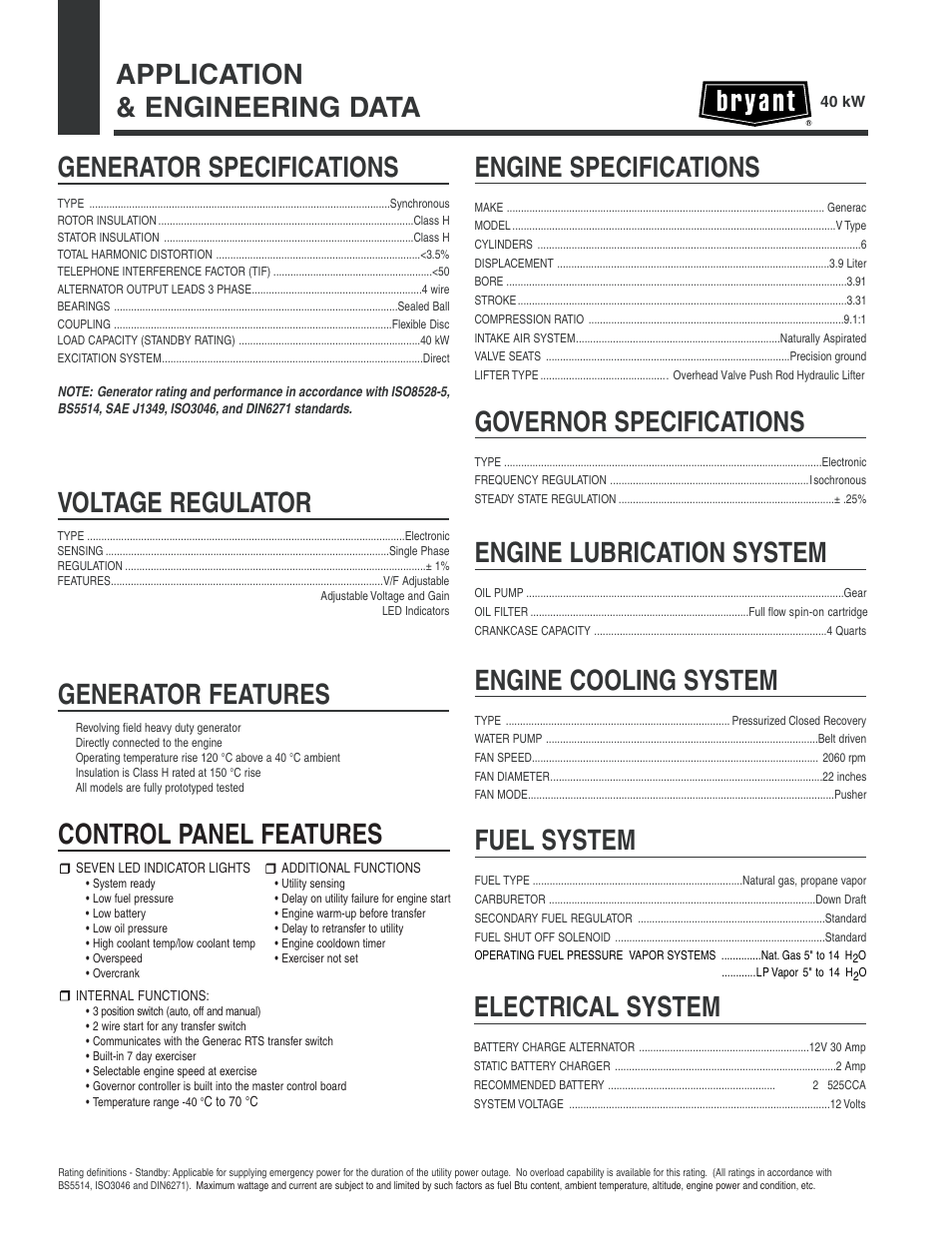 Application & engineering data, Generator specifications, Generator features | Voltage regulator, Engine specifications, Governor specifications, Engine lubrication system, Engine cooling system, Fuel system, Electrical system | Bryant ASPCS1BBL040 User Manual | Page 2 / 4