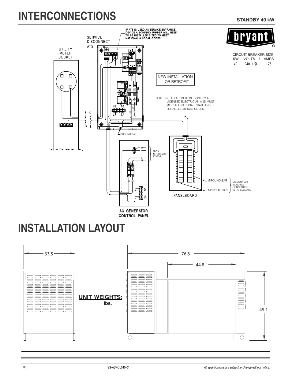 Interconnections installation layout, Unit weights, Standby 40 kw | Aluminum 1541 lbs | Bryant ASPCS1BBL040 User Manual | Page 4 / 4