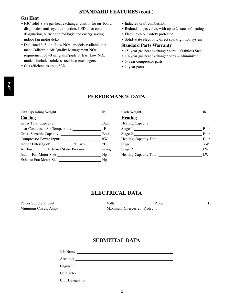 Standard features (cont.), Performance data, Electrical data | Submittal data | Bryant 581J User Manual | Page 2 / 8