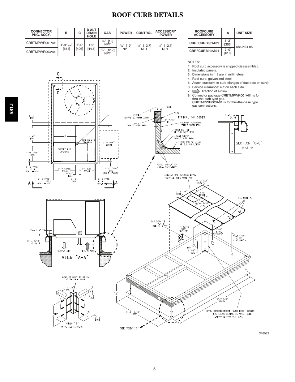 Roof curb details, 581j | Bryant 581J User Manual | Page 6 / 8