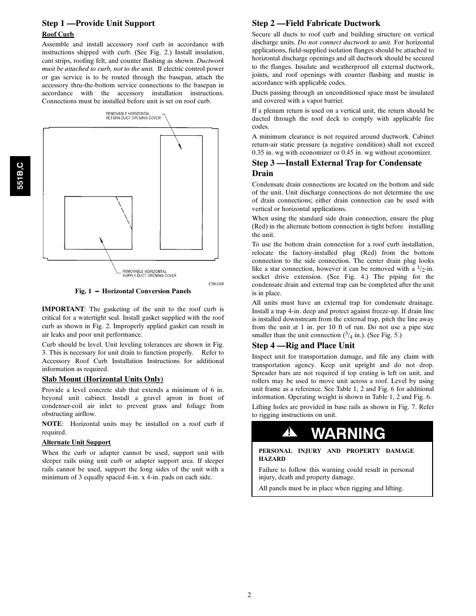 Step 1 - provide unit support, Step 2 - field fabricate ductowrk, Step 4 - rig and place unit | Warning | Bryant 551C User Manual | Page 2 / 61