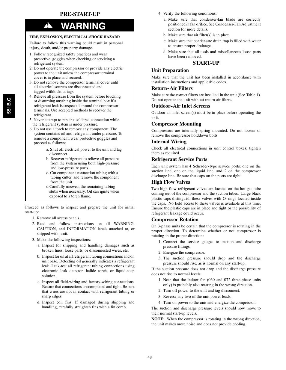Pre-start-up, Start-up, Warning | Bryant 551C User Manual | Page 48 / 61