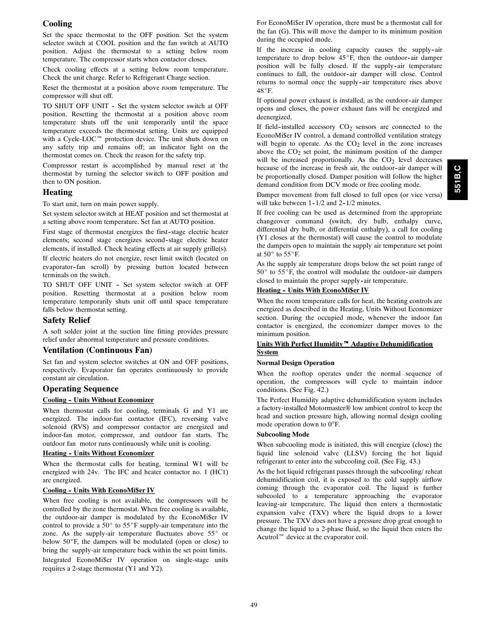 Cooling, Heating, Safety relief | Ventilation (continuous fan), Operating sequence | Bryant 551C User Manual | Page 49 / 61