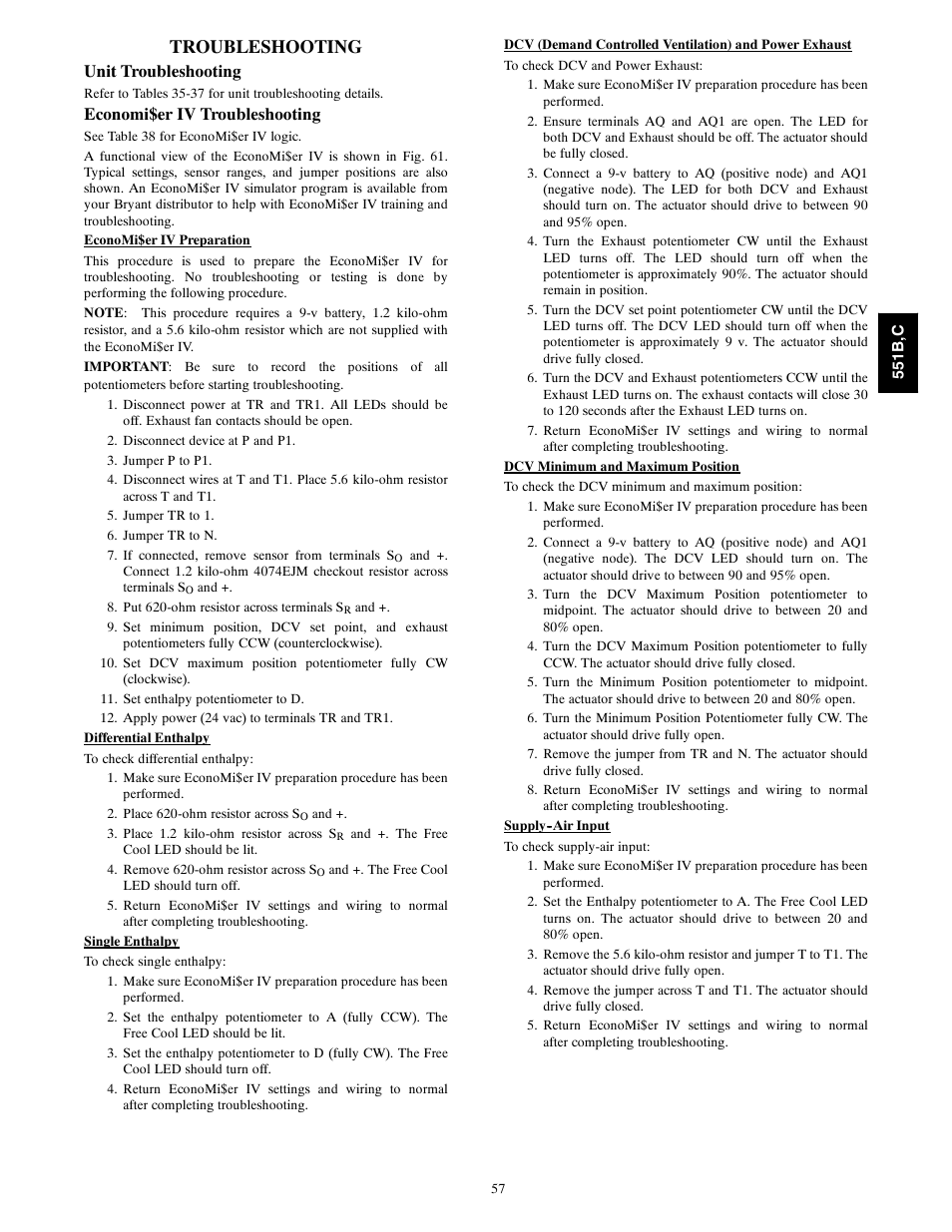 Troubleshooting, Unit troubleshooting, Economi$er iv troubleshooting | Bryant 551C User Manual | Page 57 / 61
