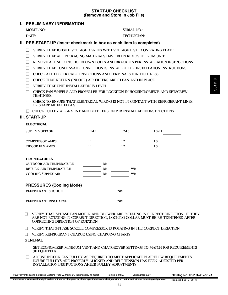 Start-up checklist | Bryant 551C User Manual | Page 61 / 61