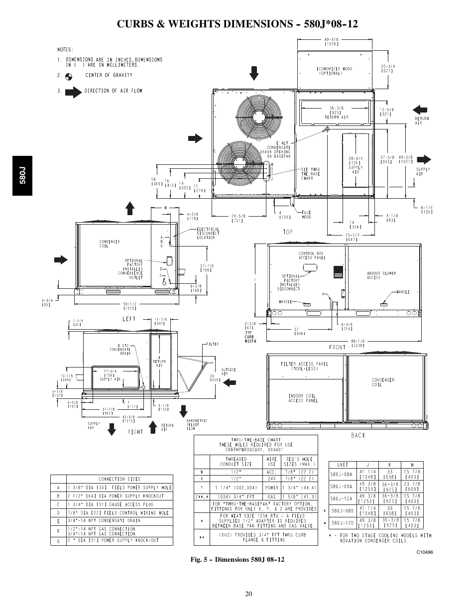 Curbs & weights dimensions j*08 | Bryant LEGACY LINE 580J User Manual | Page 20 / 86