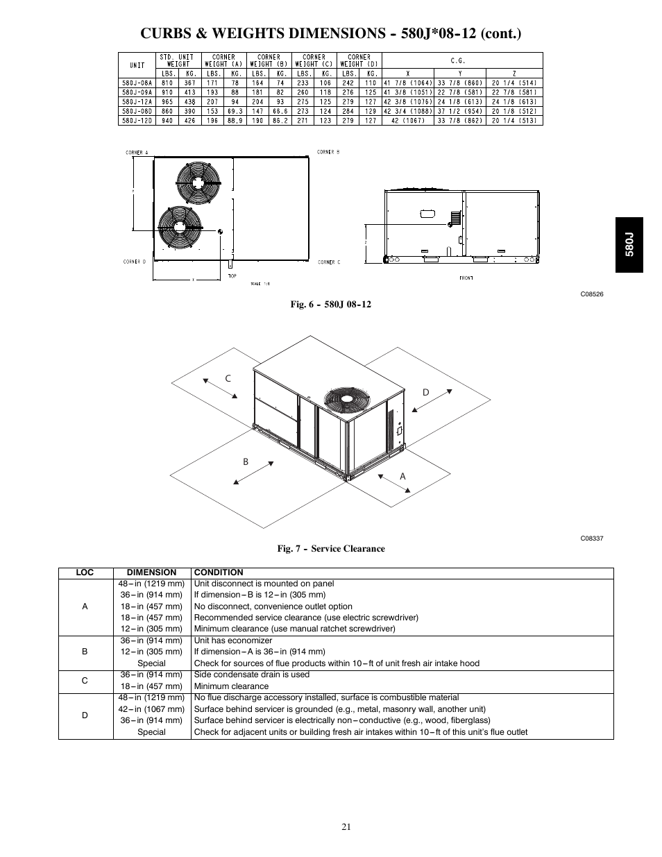 Curbs & weights dimensions j*08 (cont.) | Bryant LEGACY LINE 580J User Manual | Page 21 / 86