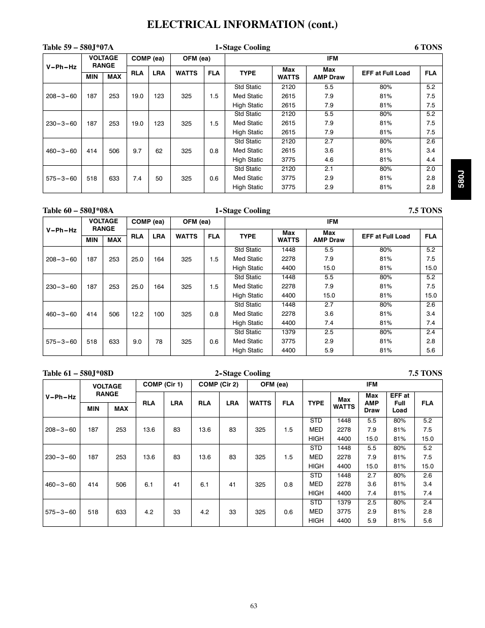 Electrical information (cont.) | Bryant LEGACY LINE 580J User Manual | Page 63 / 86