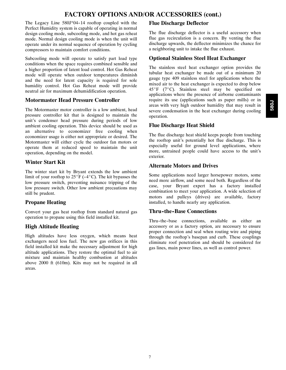 Factory options and/or accessories (cont.) | Bryant LEGACY LINE 580J User Manual | Page 7 / 86