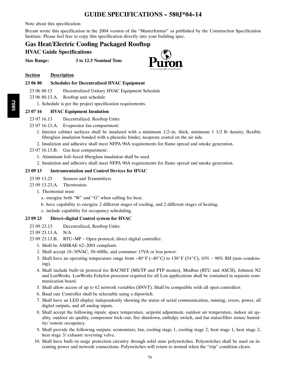 Guide specifications, Guide specifications j*04, Gas heat/electric cooling packaged rooftop | Bryant LEGACY LINE 580J User Manual | Page 78 / 86