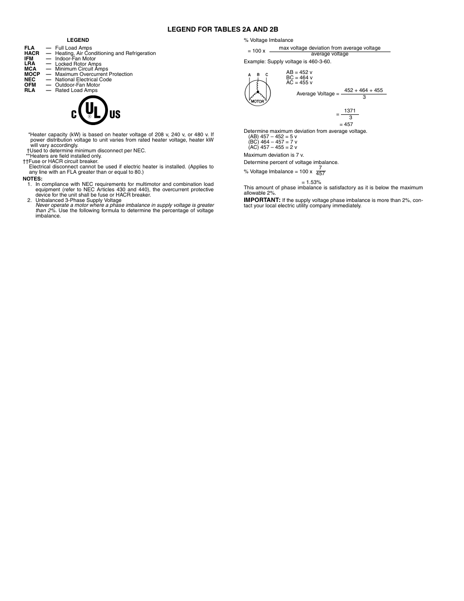 Legend for tables 2a and 2b | Bryant 548F User Manual | Page 12 / 48