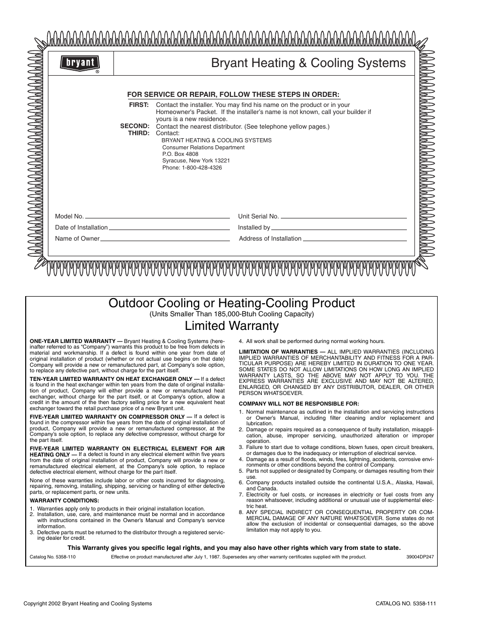 Bryant heating & cooling systems, Outdoor cooling or heating-cooling product, Limited warranty | Bryant OM11-19 User Manual | Page 8 / 8