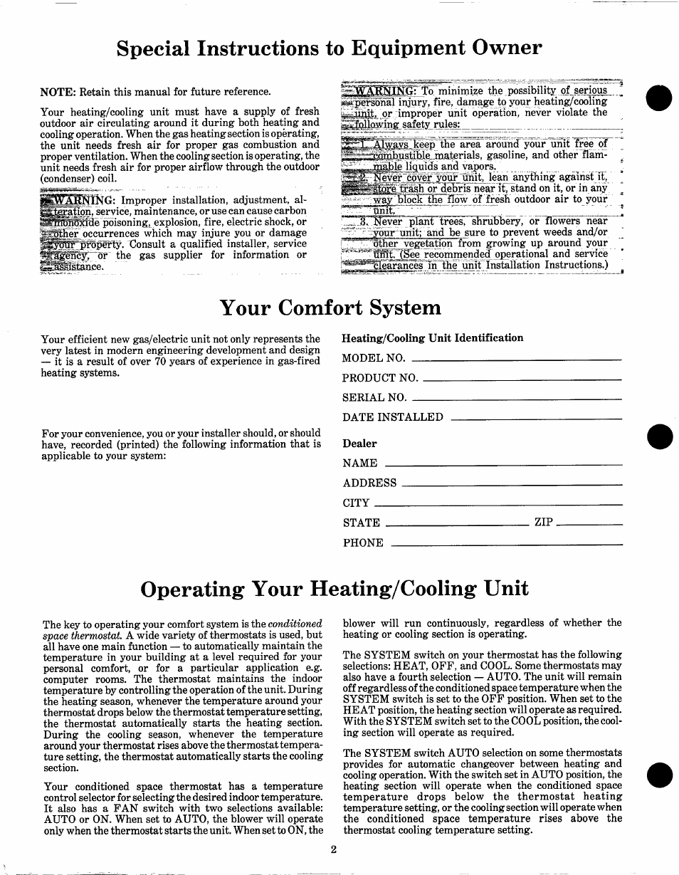 Special instructions to equipment owner, Your comfort system, Operating your heating/cooling unit | Bryant PAYNE 579C User Manual | Page 2 / 6