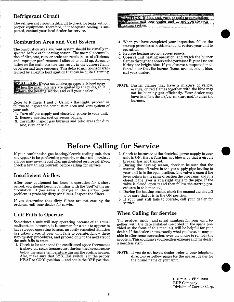 Refrigerant circuit, Combustion area and vent system, Before calling for service | Insufficient airflow, Unit fails to operate, When calling for service | Bryant PAYNE 579C User Manual | Page 6 / 6