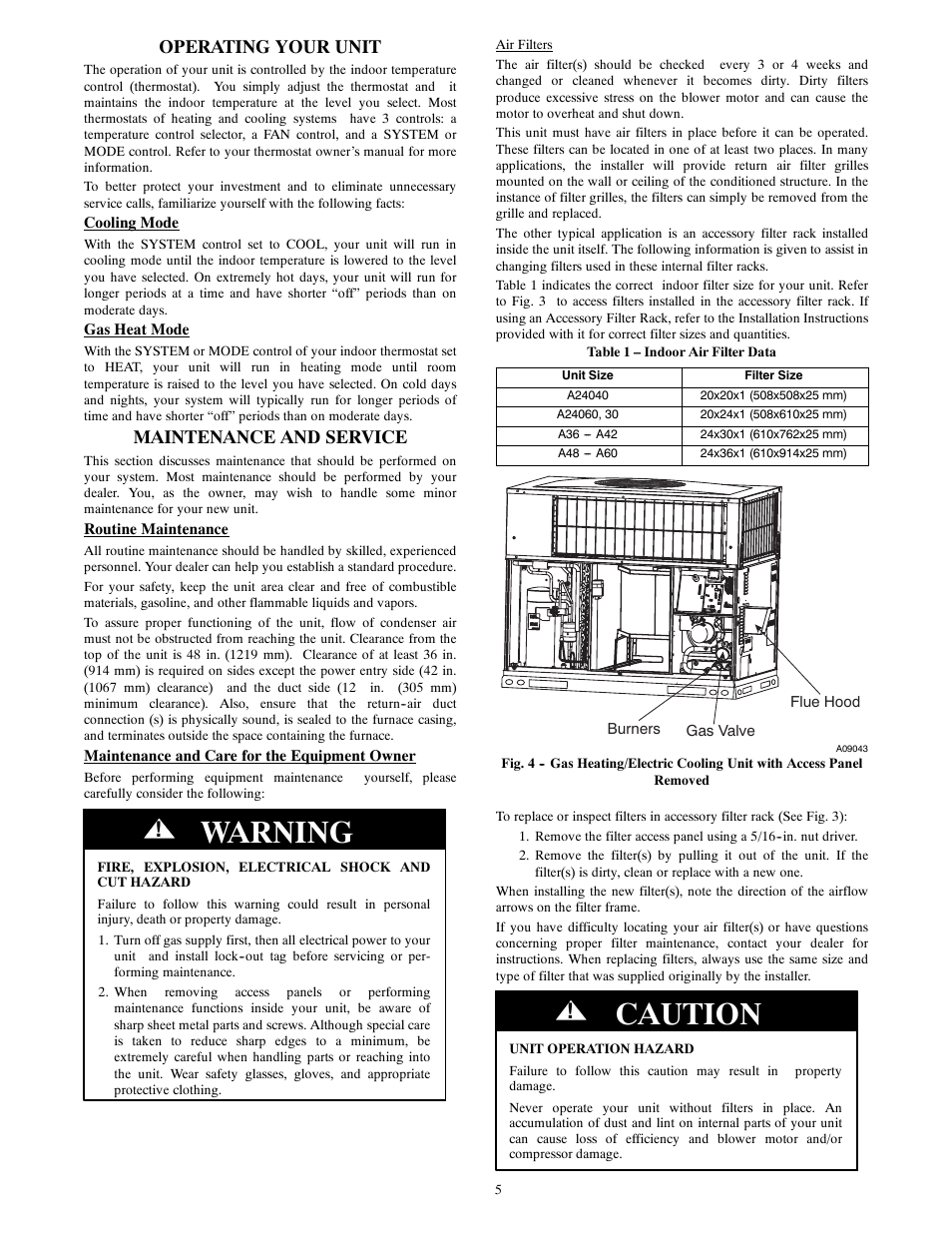 Warning, Caution, Operating your unit | Maintenance and service | Bryant LEGACY 577C User Manual | Page 5 / 10