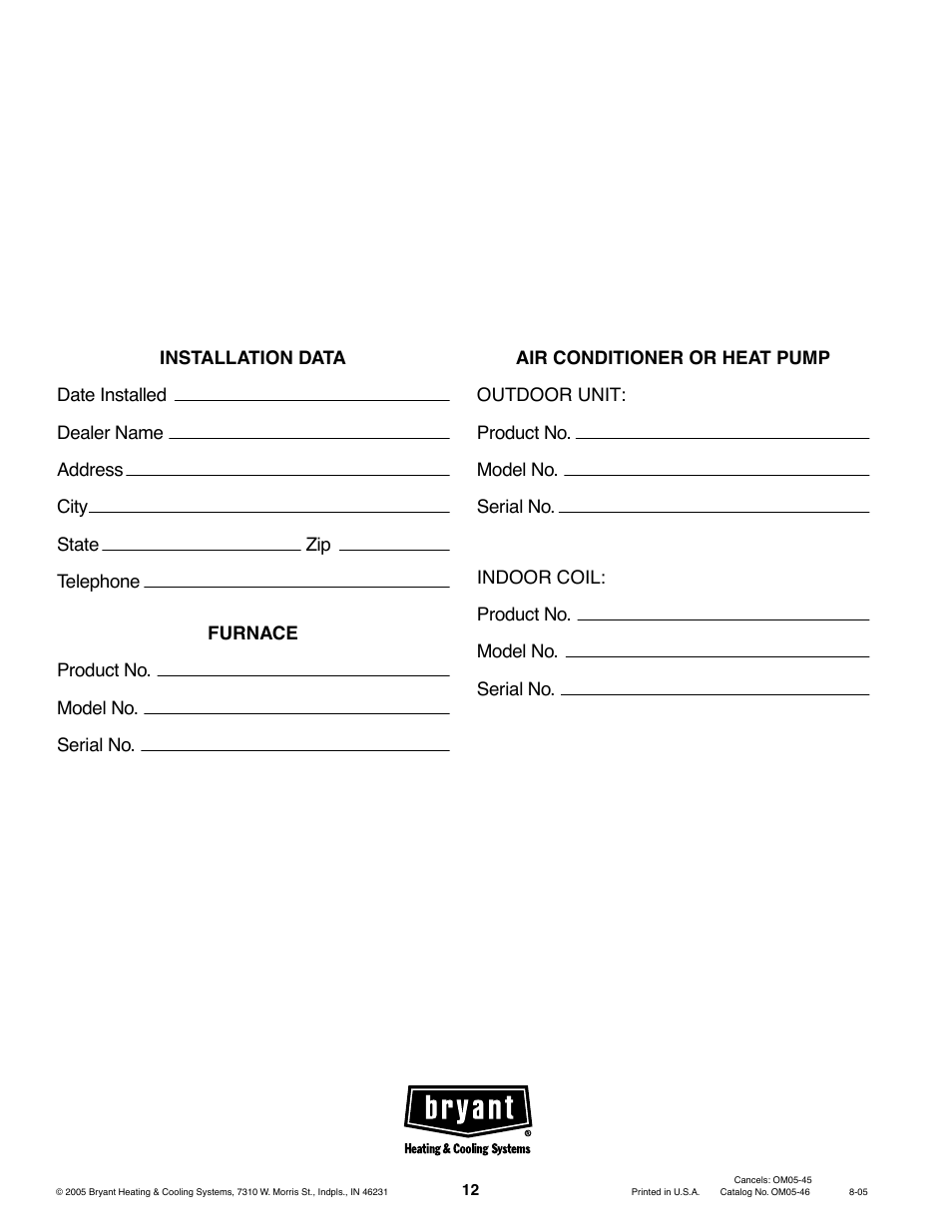 Bryant 350AAV User Manual | Page 12 / 12