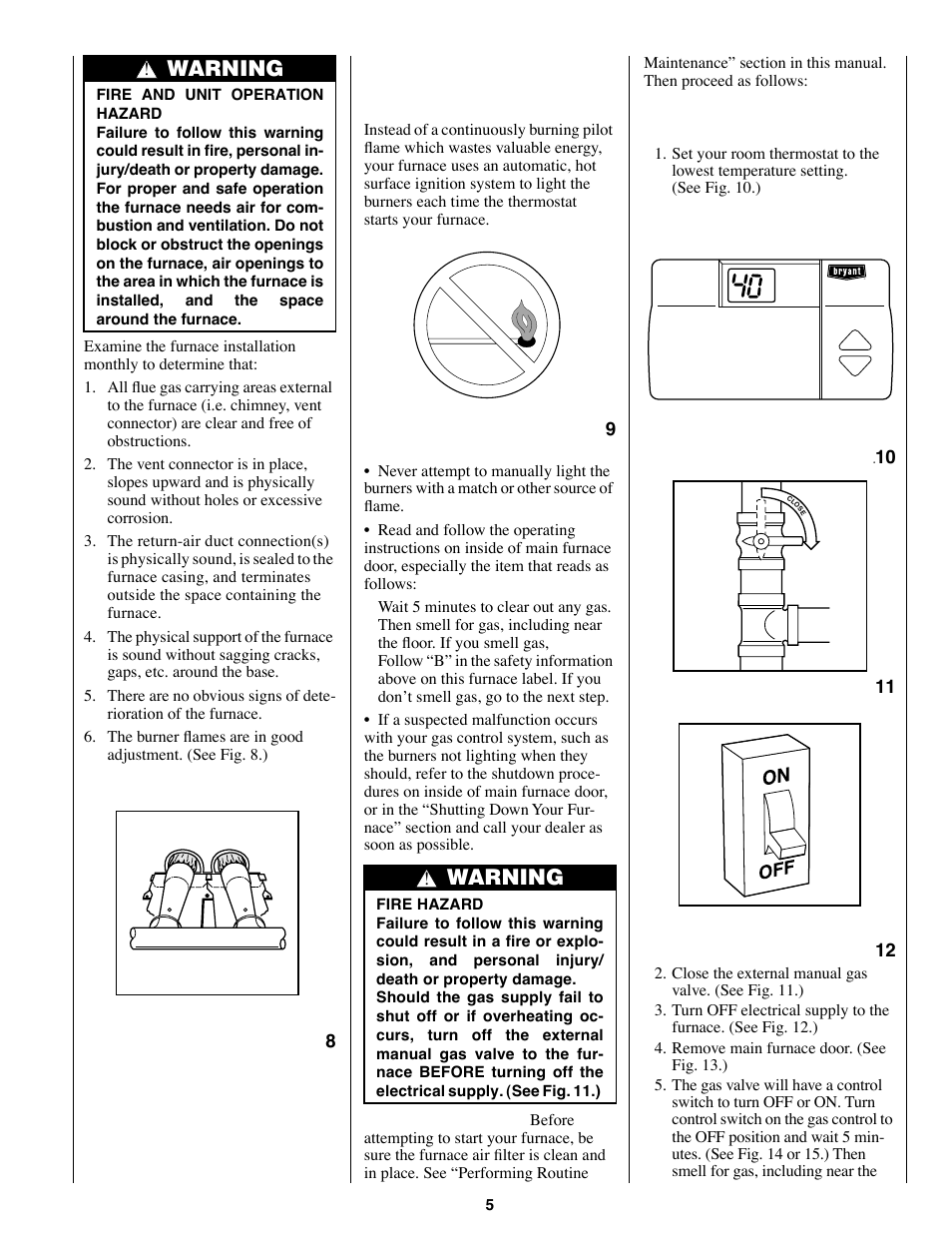 Warning, Starting and shutting down your furnace | Bryant 350AAV User Manual | Page 5 / 12