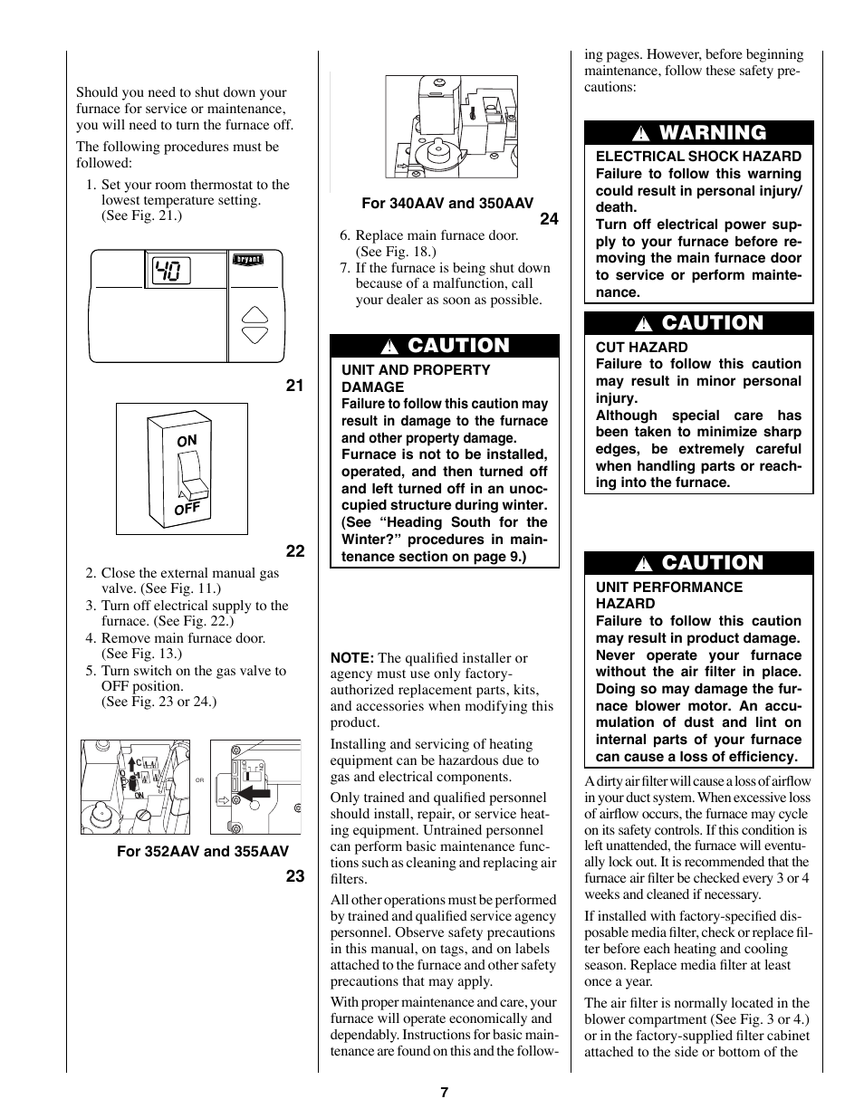 Performing routine maintenance, Caution, Warning | Shutting down your furnace, Filtering out trouble | Bryant 350AAV User Manual | Page 7 / 12