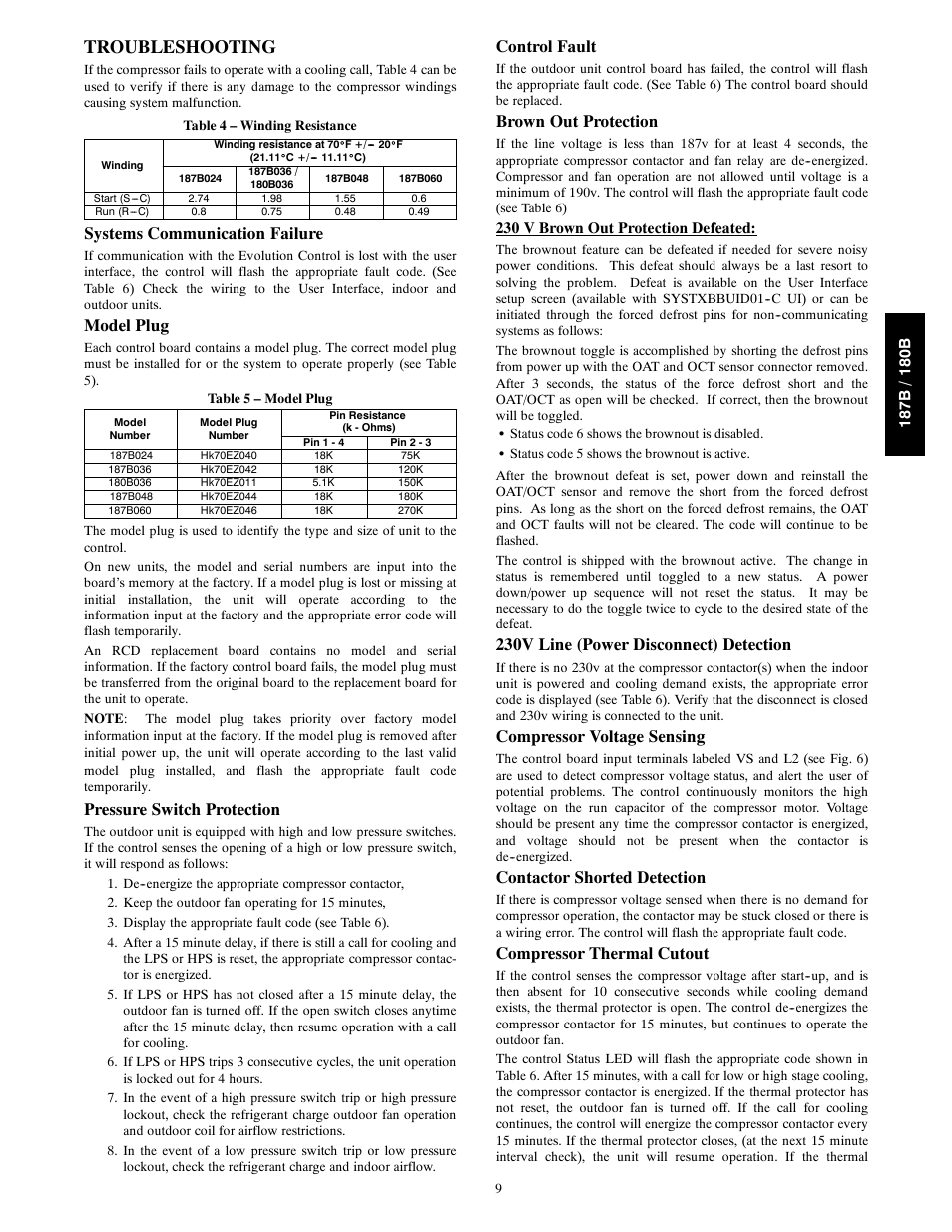 Troubleshooting, Systems communication failure, Model plug | Pressure switch protection, Control fault, Brown out protection, 230v line (power disconnect) detection, Compressor voltage sensing, Contactor shorted detection, Compressor thermal cutout | Bryant 187B User Manual | Page 9 / 14