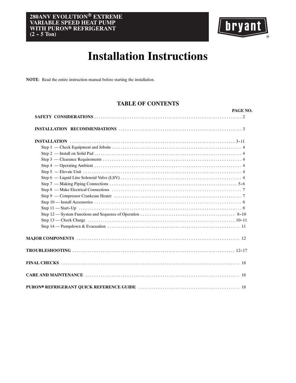 Bryant EVOLUTIONR EXTREME 280ANV User Manual | 18 pages