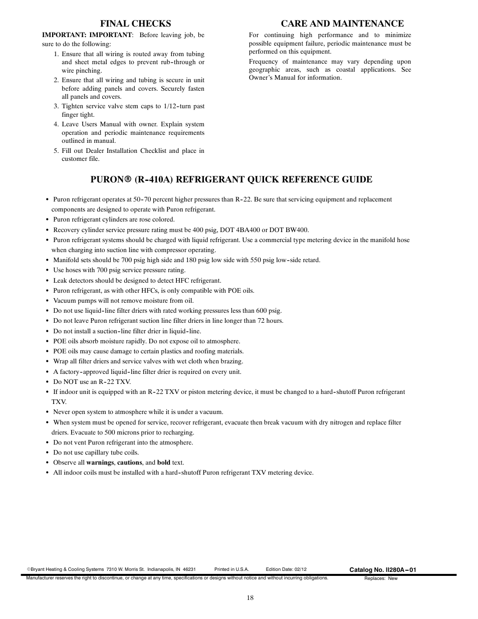 Final checks, Care and maintenance, Puron r (r a) refrigerant quick reference guide | Bryant EVOLUTIONR EXTREME 280ANV User Manual | Page 18 / 18