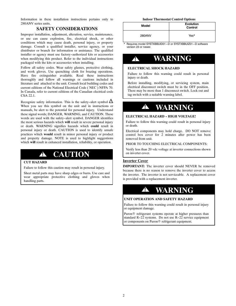Caution, Warning | Bryant EVOLUTIONR EXTREME 280ANV User Manual | Page 2 / 18