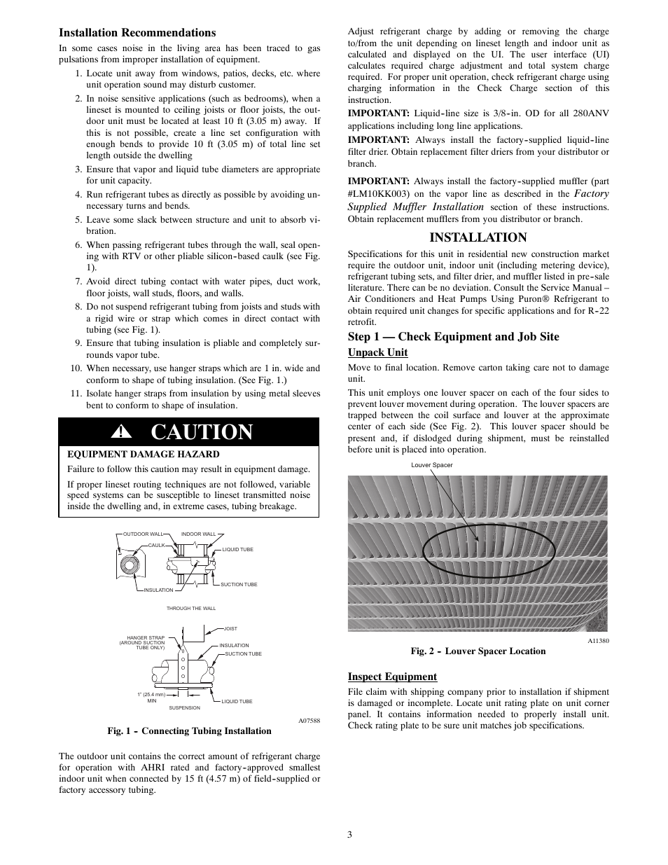 Caution, Installation, Installation recommendations | Step 1 — check equipment and job site | Bryant EVOLUTIONR EXTREME 280ANV User Manual | Page 3 / 18