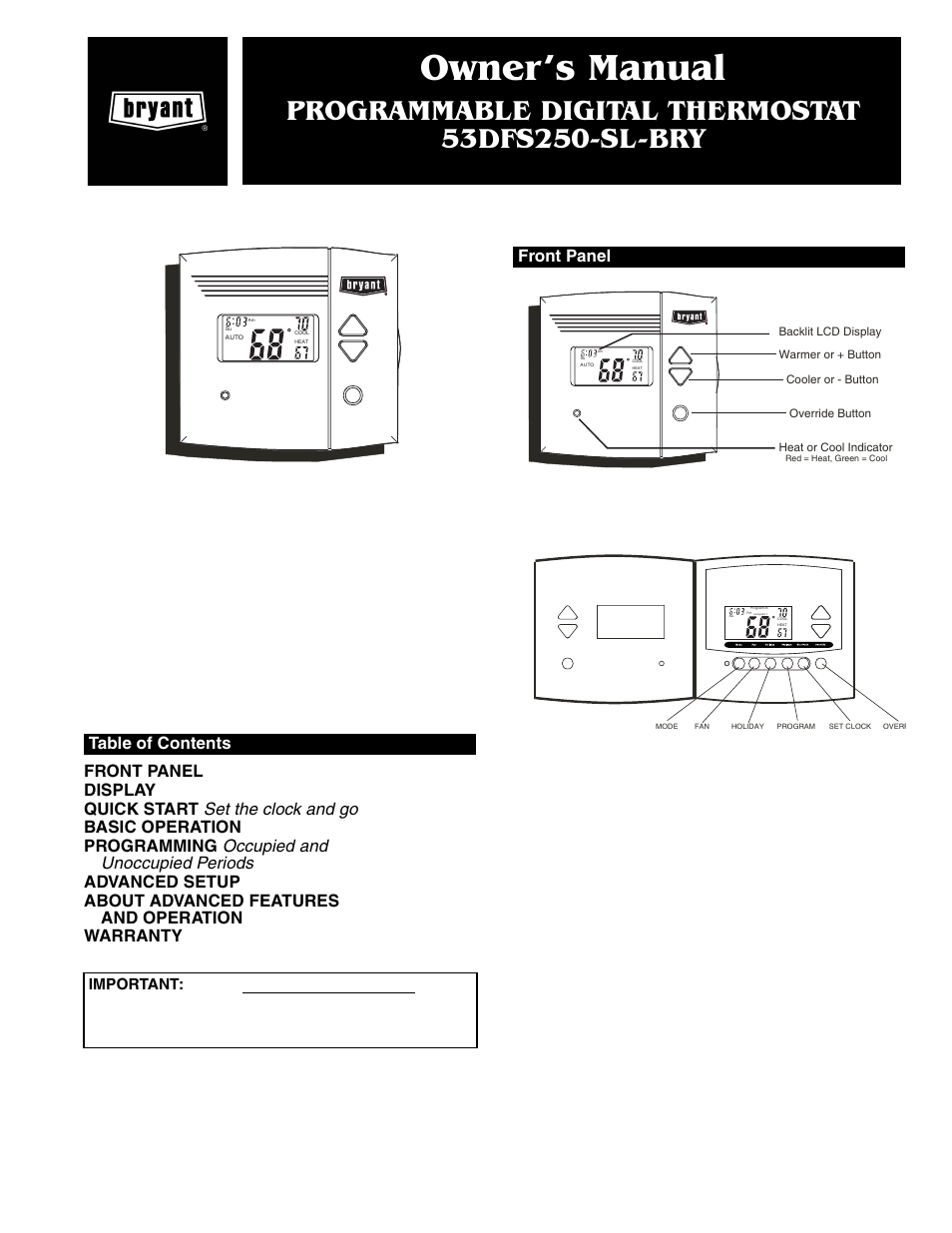 Bryant PROGRAMMABLE DIGITAL TERMOSTAT OM 17-101 User Manual | 8 pages