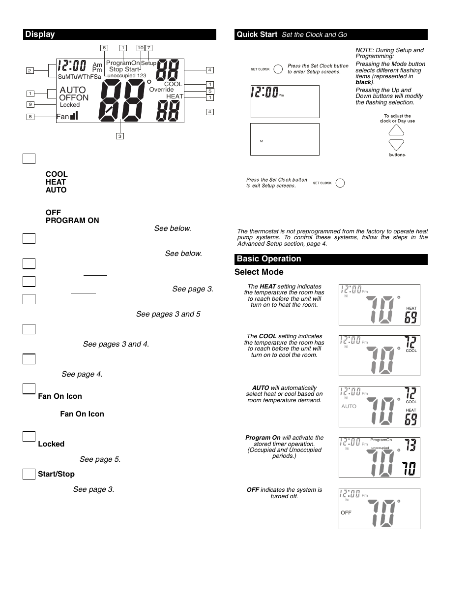 Auto, Select mode display, Basic operation | Bryant PROGRAMMABLE DIGITAL TERMOSTAT OM 17-101 User Manual | Page 2 / 8