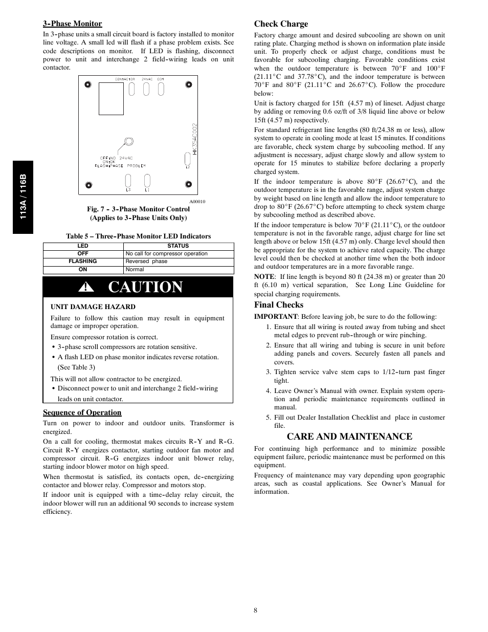 Caution, Care and maintenance, Check charge | Final checks | Bryant 113A User Manual | Page 8 / 10