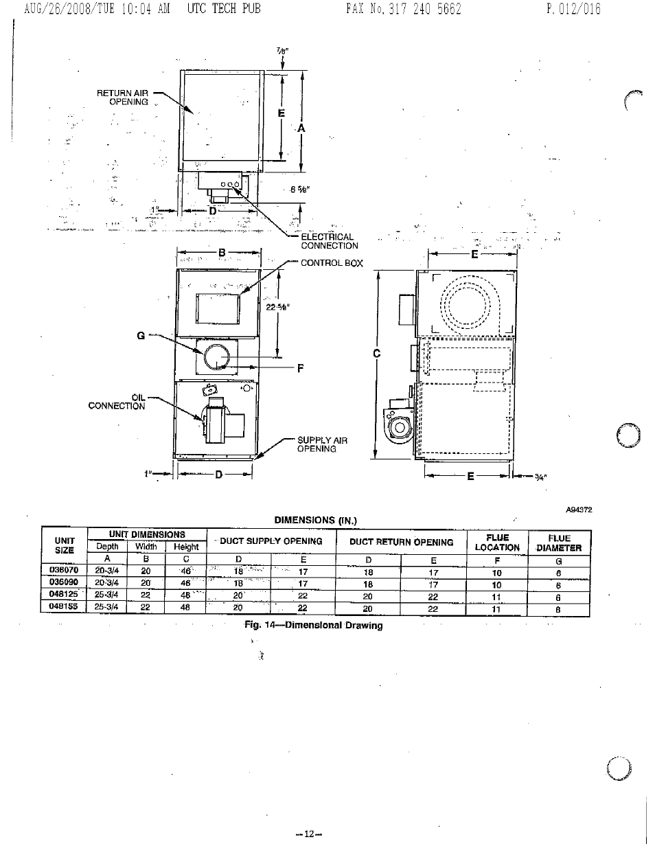 Dimensions (in.), Fig. —dimensional drawing, Dimensional drawing | Bryant 364AAN User Manual | Page 12 / 16