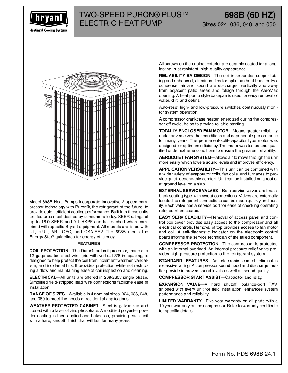 Bryant TWO-SPEED PURON PLUS ELECTRIC HEAT PUMP 698B User Manual | 44 pages