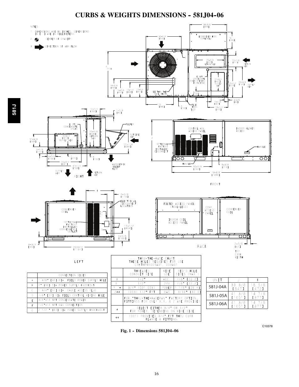 Curb and weight dimensions, Curbs & weights dimensions j04, 581j | Back | Bryant PREFERRED 581J User Manual | Page 16 / 66