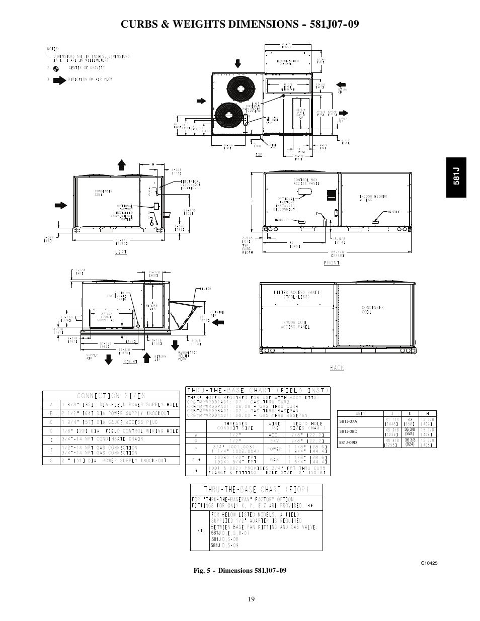 Curbs & weights dimensions j07, 581j | Bryant PREFERRED 581J User Manual | Page 19 / 66