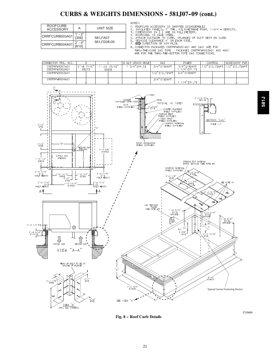 Curbs & weights dimensions j07 (cont.) | Bryant PREFERRED 581J User Manual | Page 21 / 66