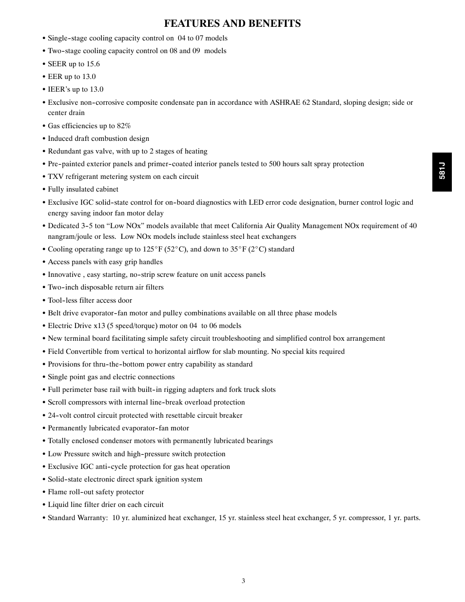Features and benefits | Bryant PREFERRED 581J User Manual | Page 3 / 66