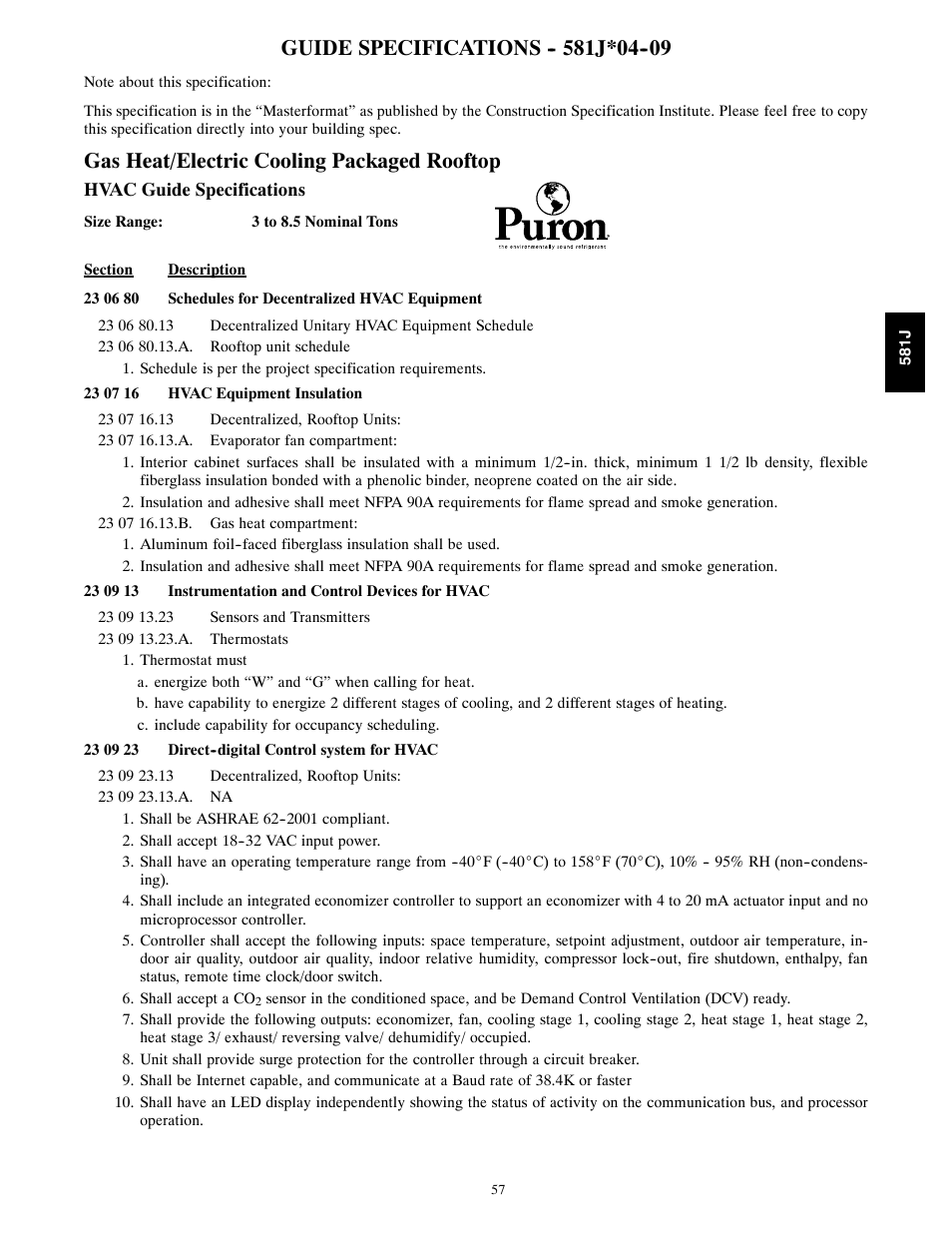Guide specifications, Guide specifications j*04, Gas heat/electric cooling packaged rooftop | Bryant PREFERRED 581J User Manual | Page 57 / 66