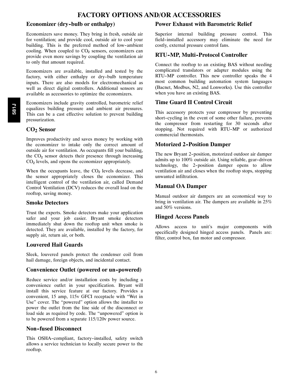 Factory options and accessories, Factory options and/or accessories | Bryant PREFERRED 581J User Manual | Page 6 / 66