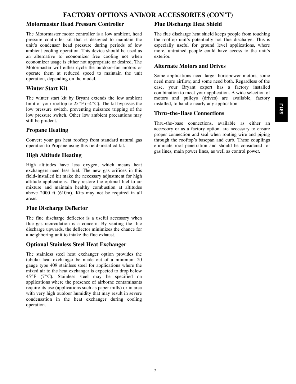 Factory options and/or accessories (con’t) | Bryant PREFERRED 581J User Manual | Page 7 / 66