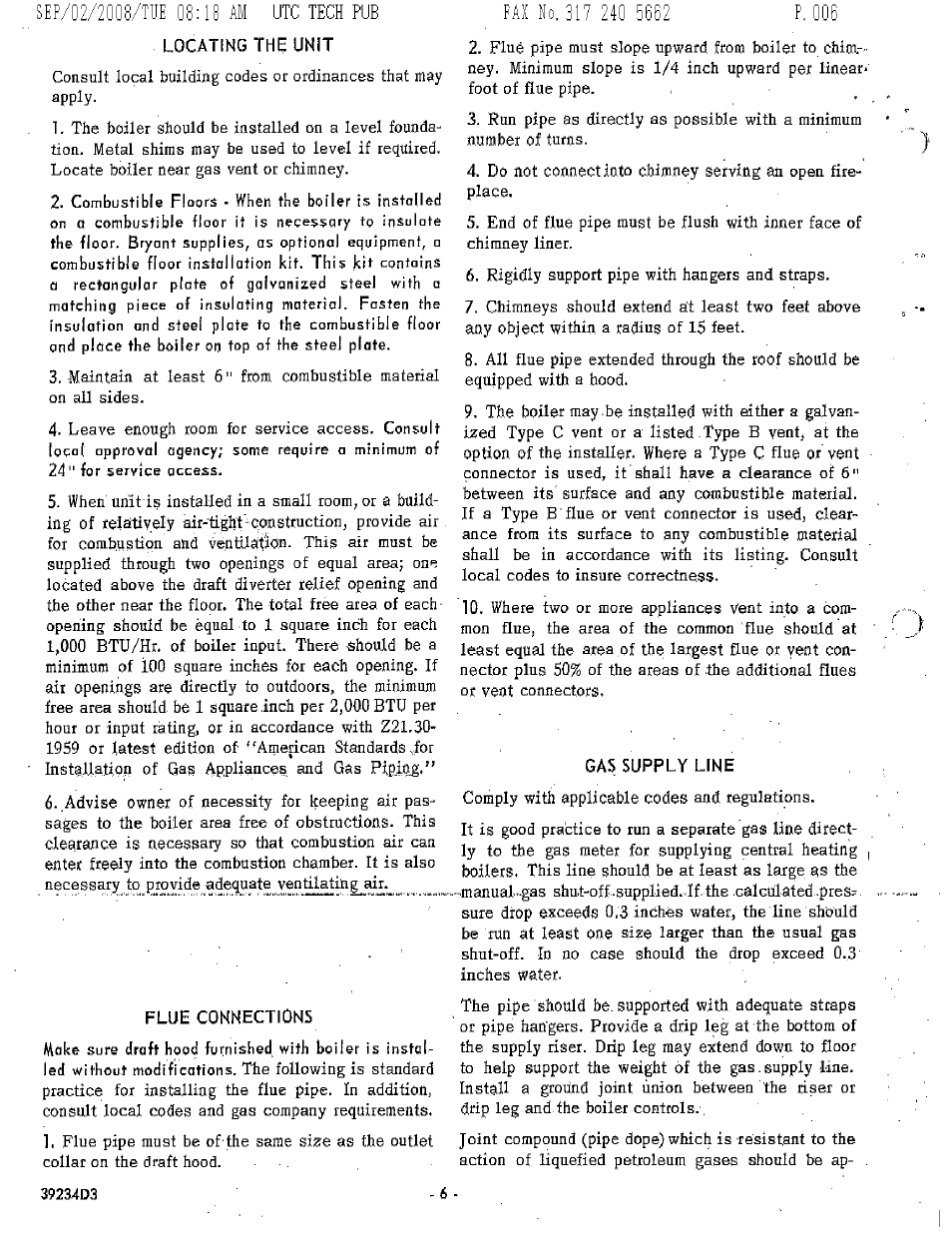 Locating the unit, Flue connections | Bryant 234B User Manual | Page 6 / 16