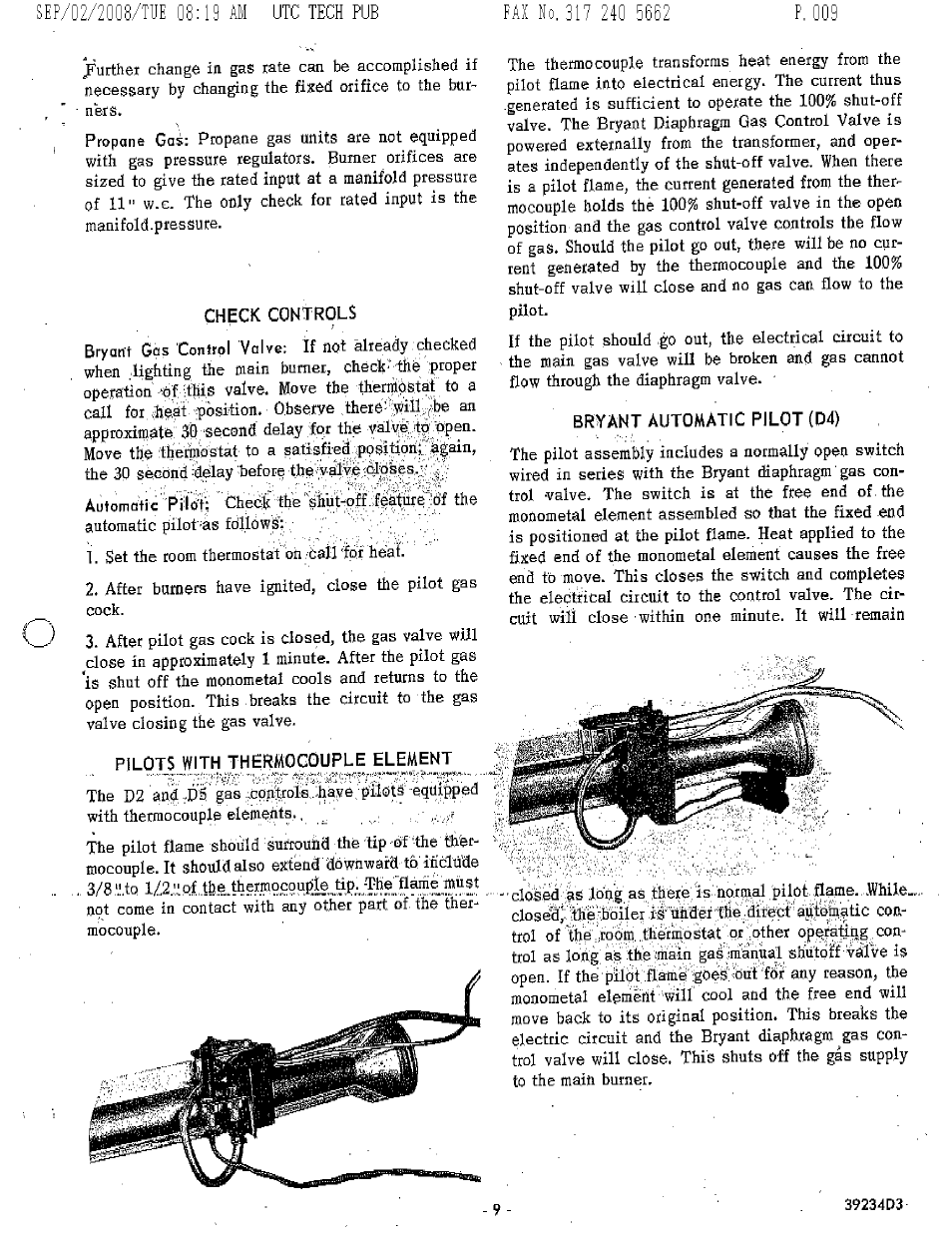 Check controls, Pilots with thermocouple element, Bryant automatic pilot (d4) | Bryant 234B User Manual | Page 9 / 16