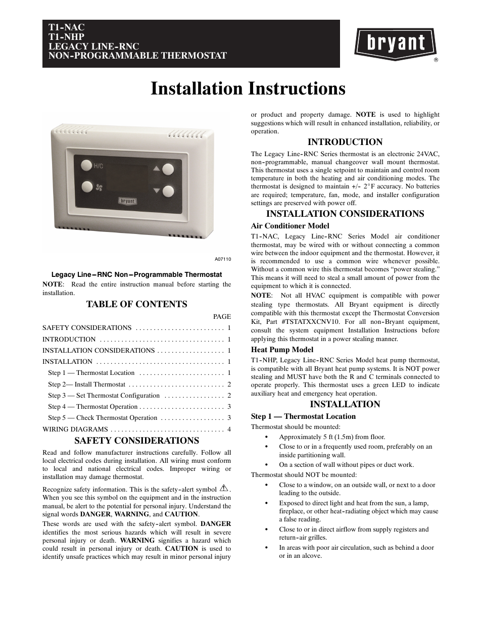 Bryant T1--NAC User Manual | 6 pages